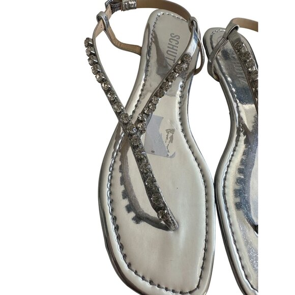 SCHUTZ Silver Rhinestone Thong Sandals Size 38 / US 8 - Picture 3 of 8
